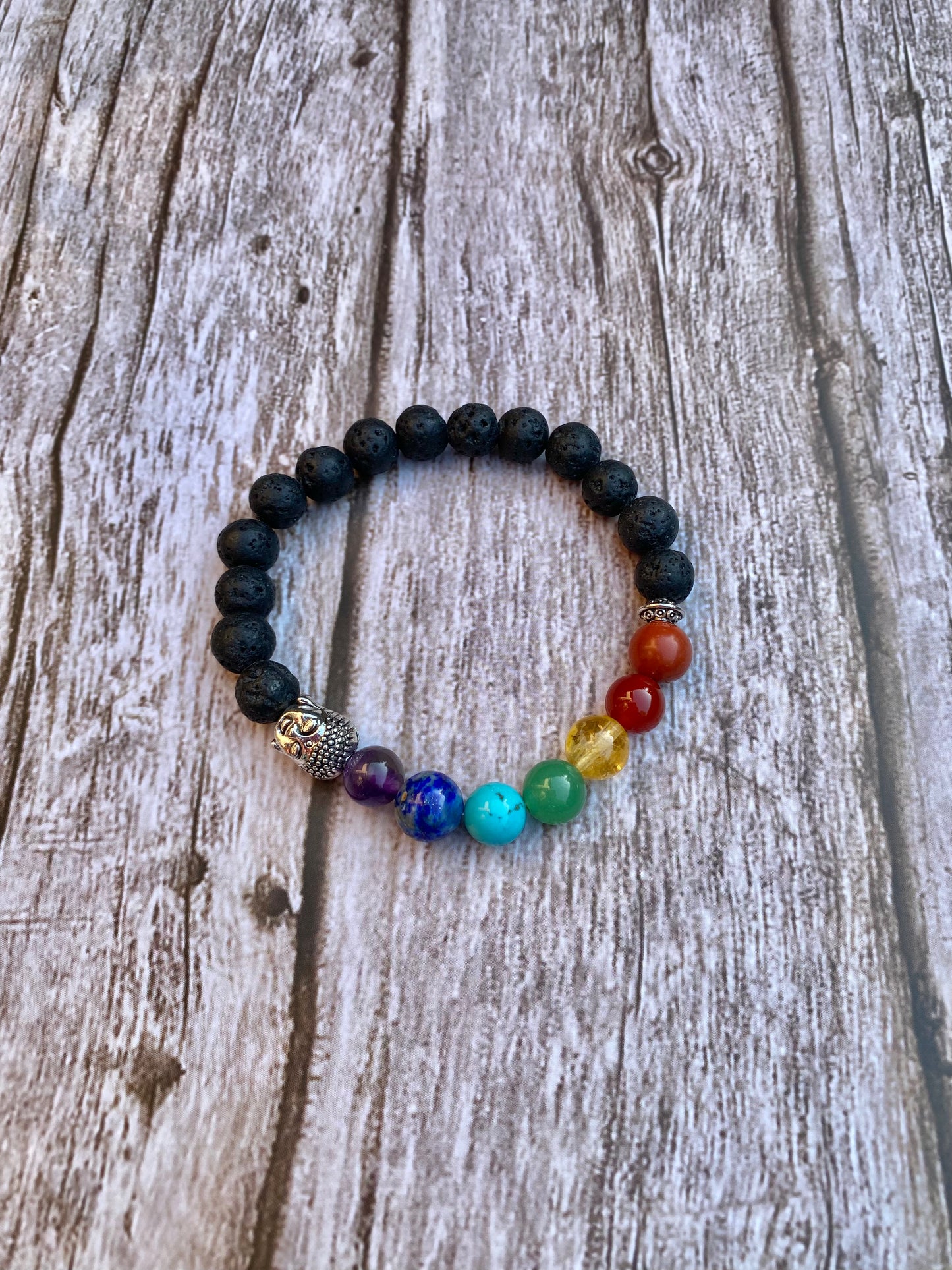 Chakra Gemstone and Lava Bead Stretchy Bracelet with Buddha Bead