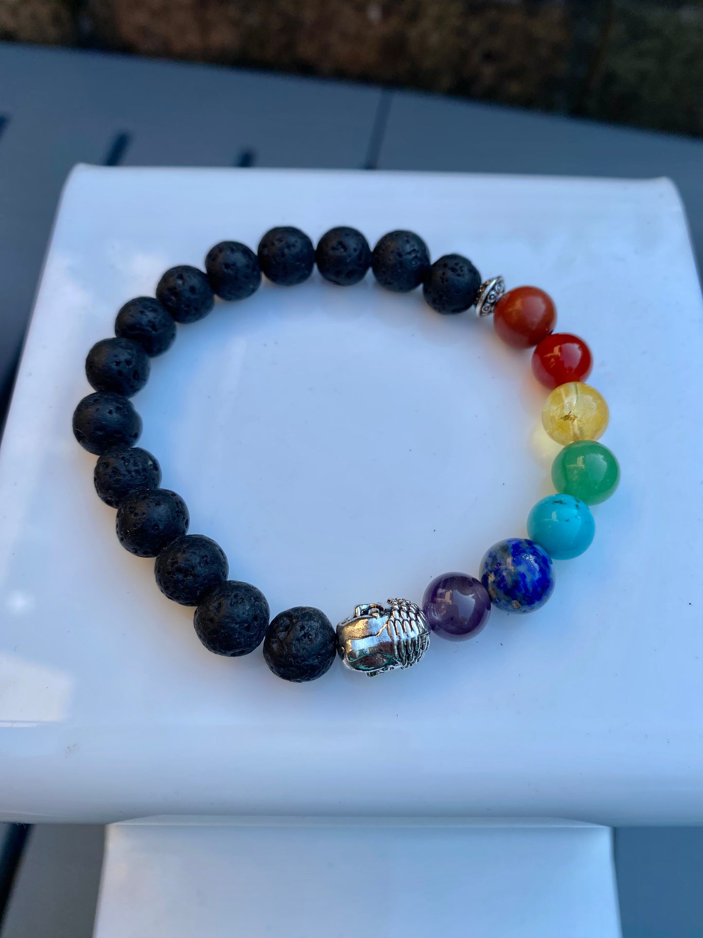 Chakra Gemstone and Lava Bead Stretchy Bracelet with Buddha Bead