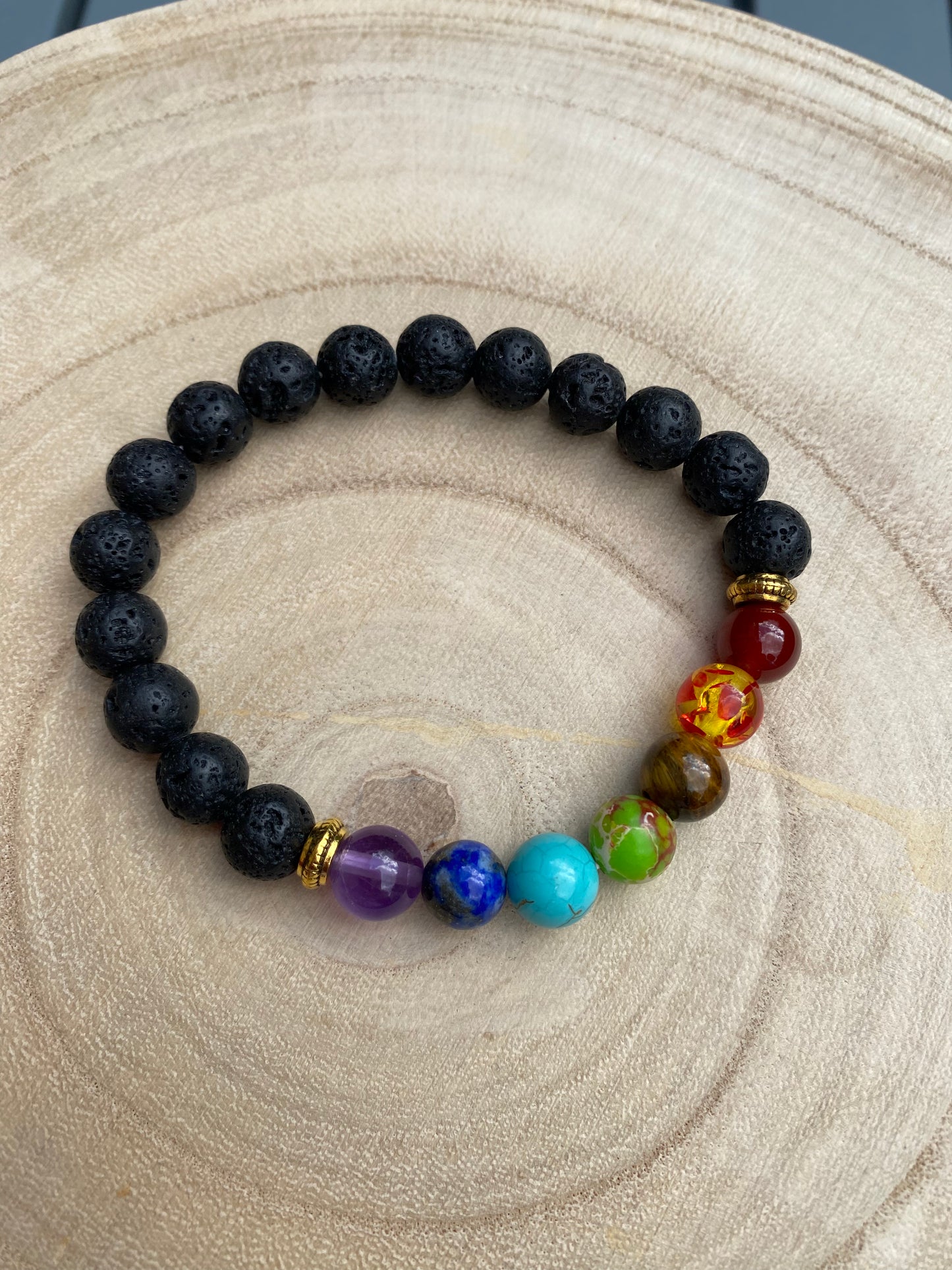 Chakra Gemstone and Lava Bead Stretchy Bracelet