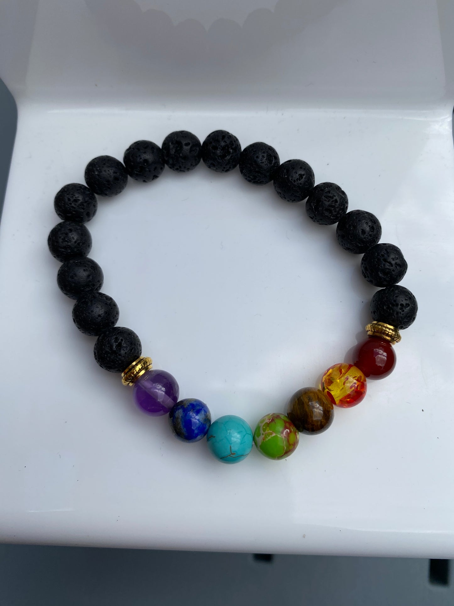 Chakra Gemstone and Lava Bead Stretchy Bracelet