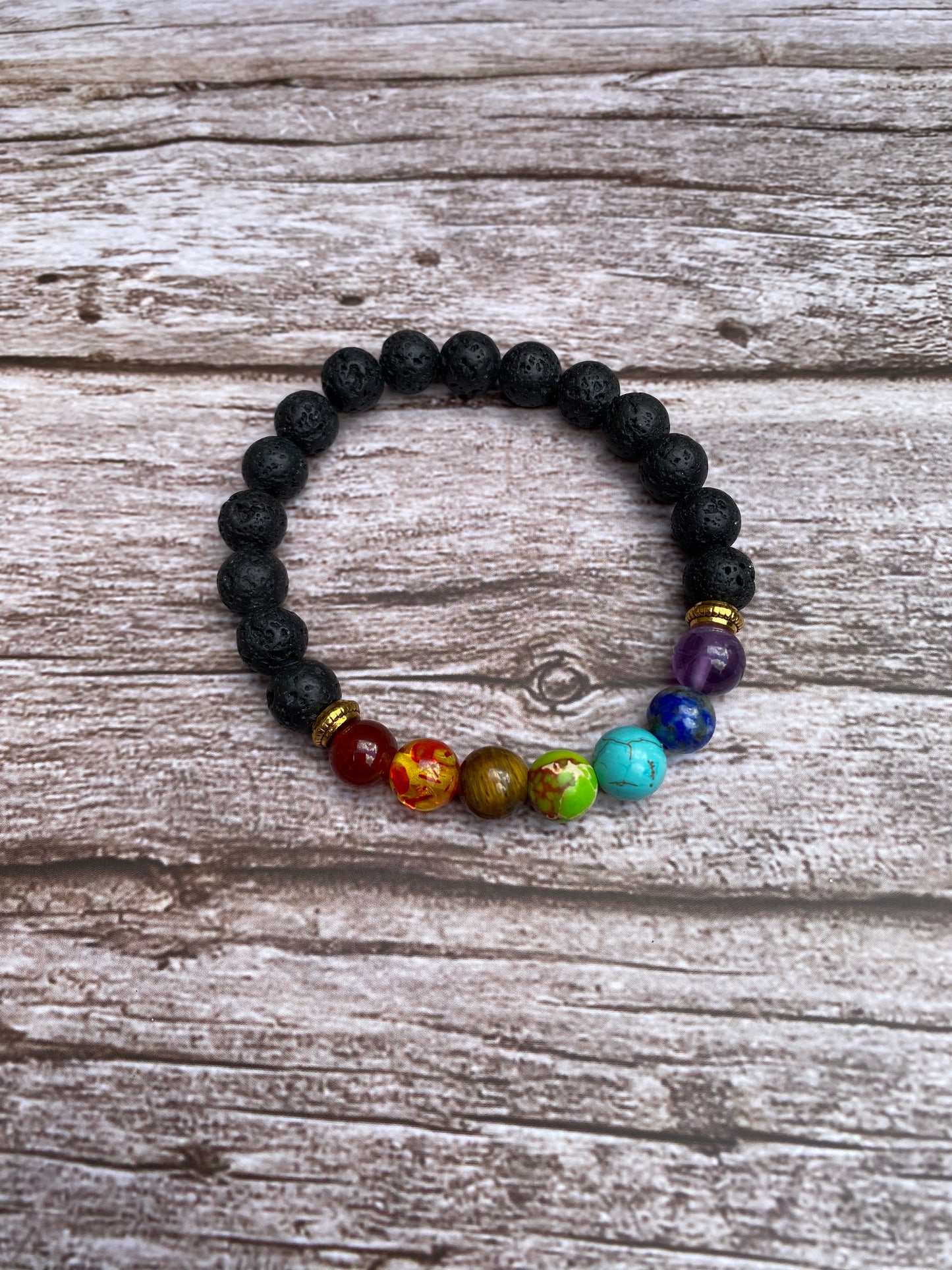 Chakra Gemstone and Lava Bead Stretchy Bracelet