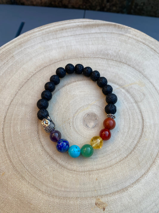 Chakra Gemstone and Lava Bead Stretchy Bracelet with Buddha Bead