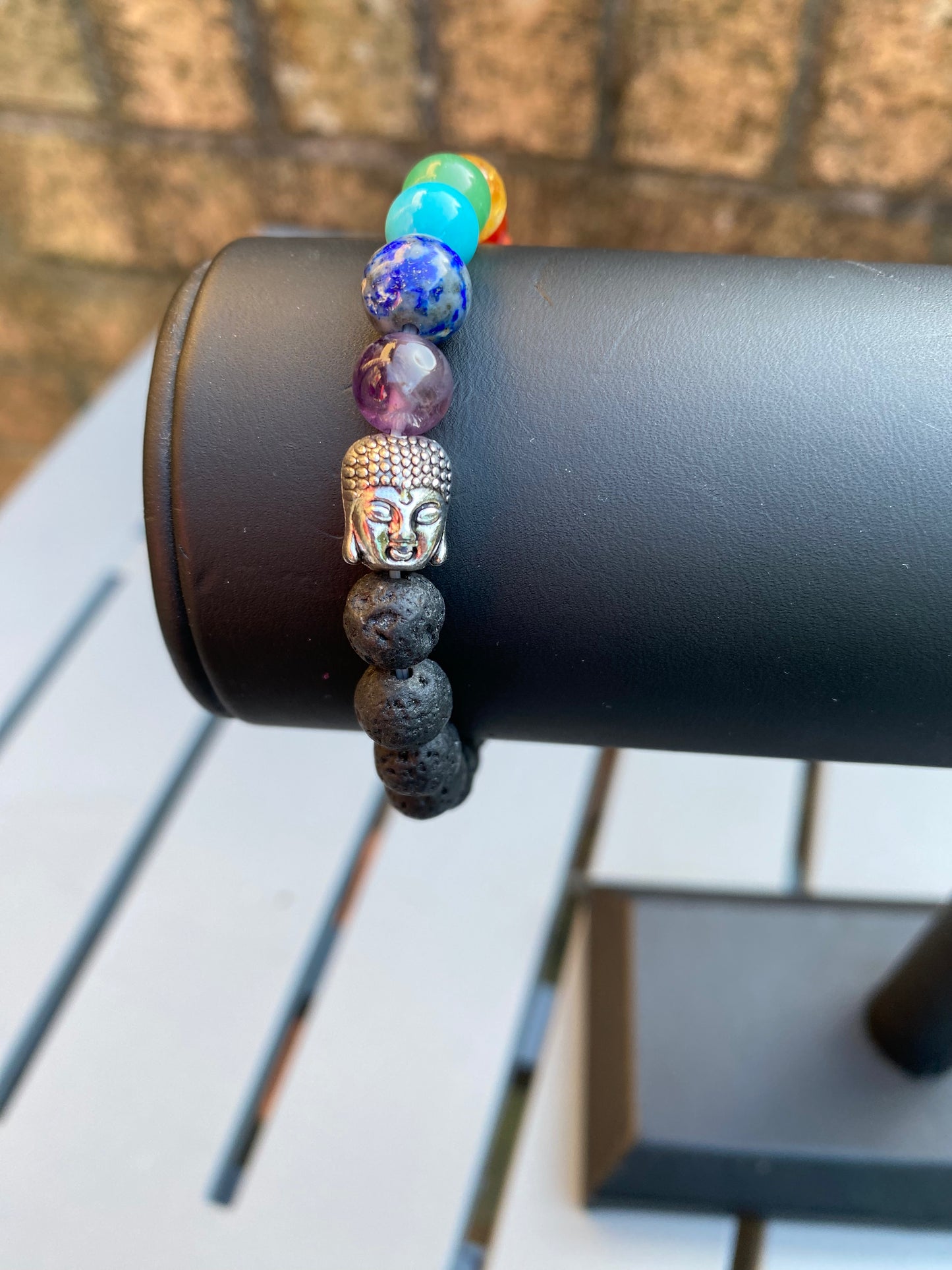 Chakra Gemstone and Lava Bead Stretchy Bracelet with Buddha Bead