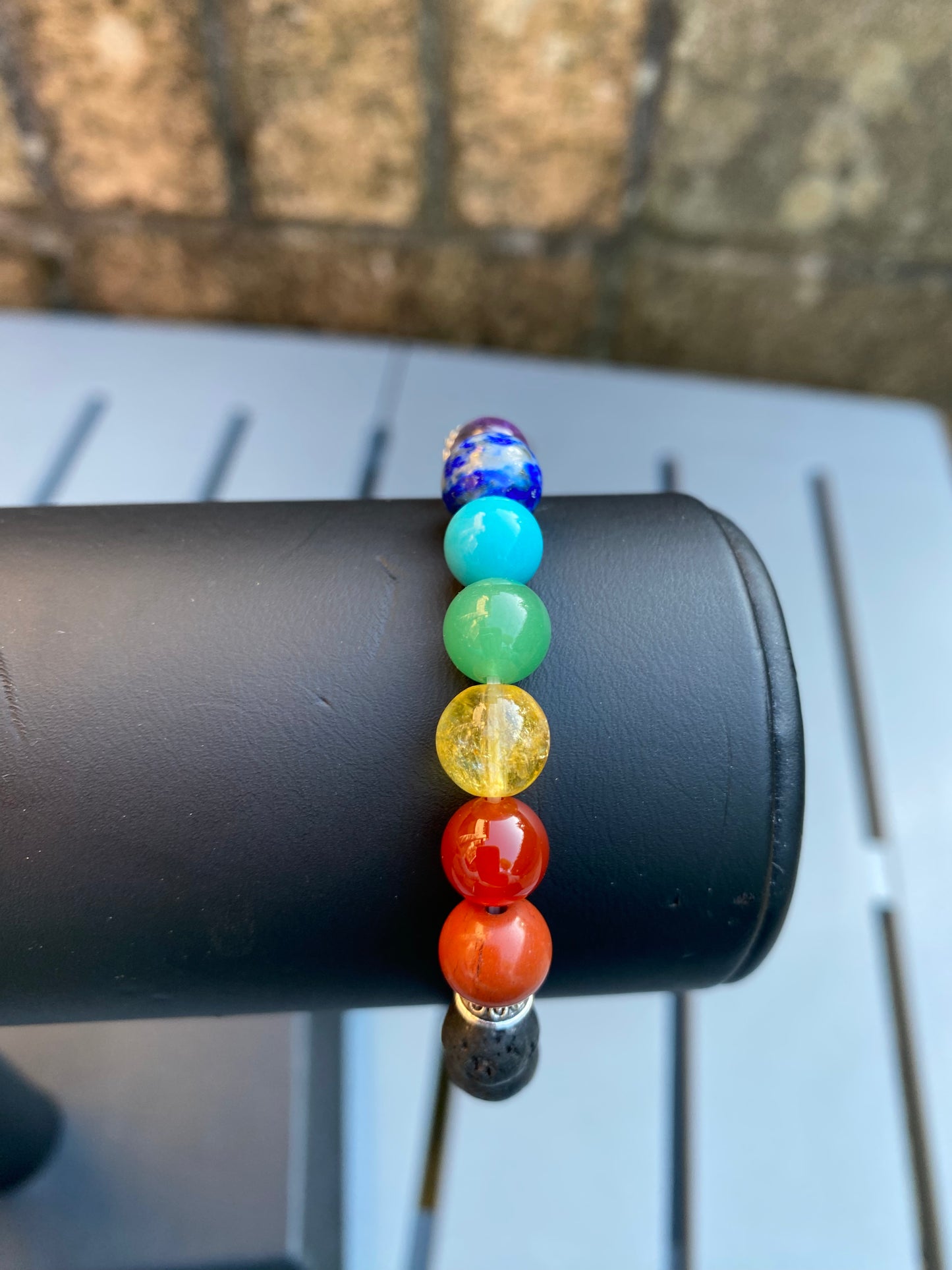 Chakra Gemstone and Lava Bead Stretchy Bracelet with Buddha Bead