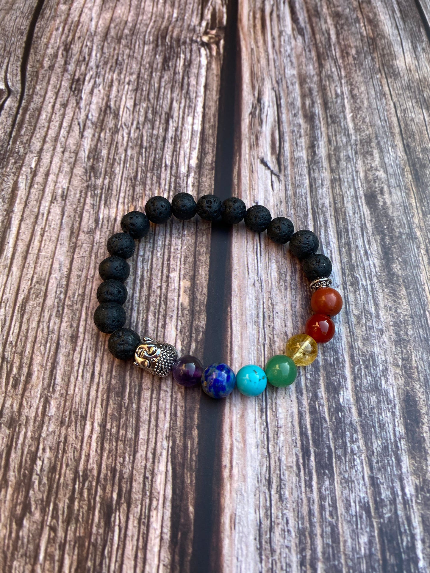 Chakra Gemstone and Lava Bead Stretchy Bracelet with Buddha Bead