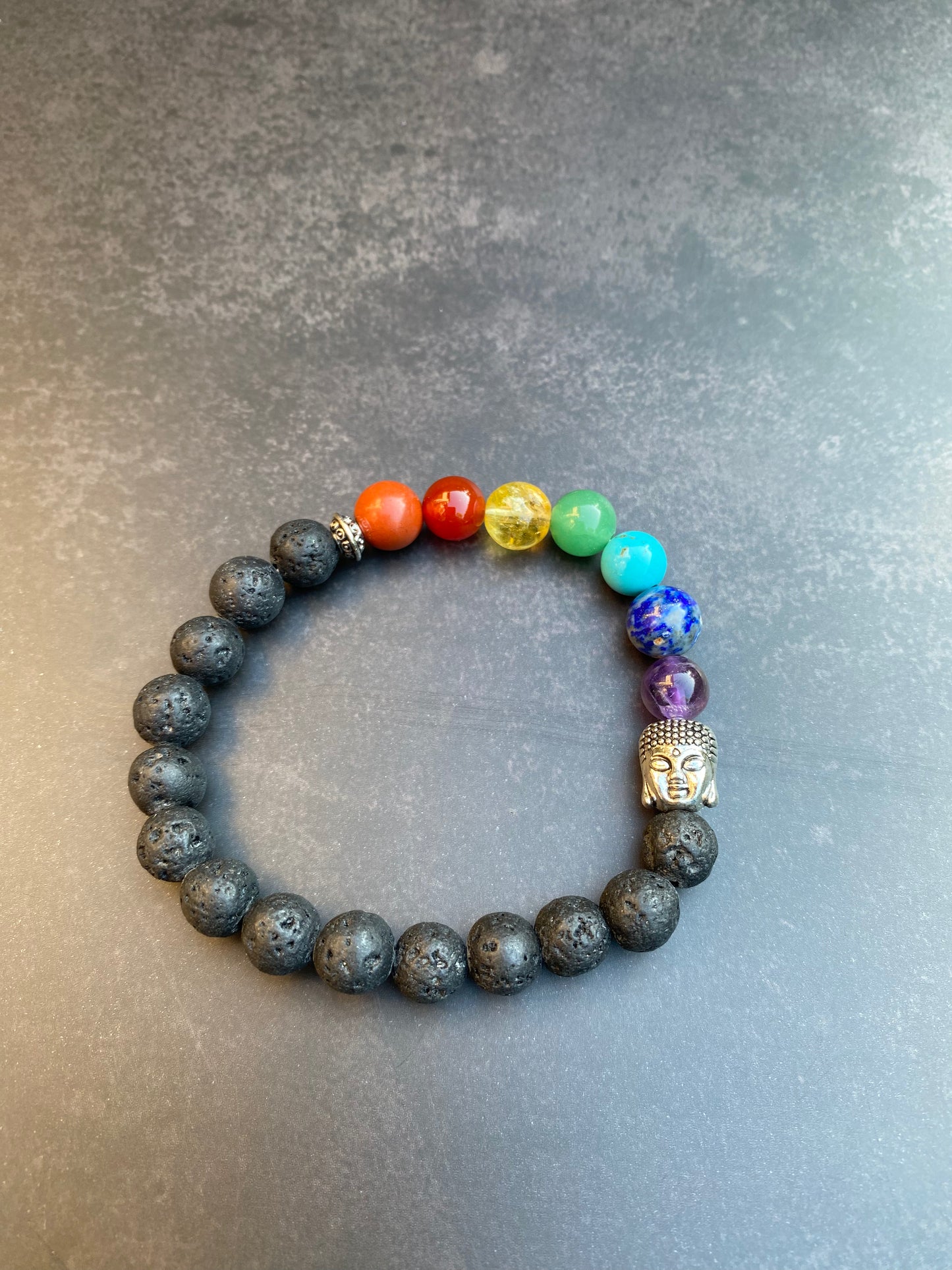 Chakra Gemstone and Lava Bead Stretchy Bracelet with Buddha Bead