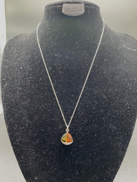 Multi Coloured Baltic Amber Boat Sterling Silver Necklace