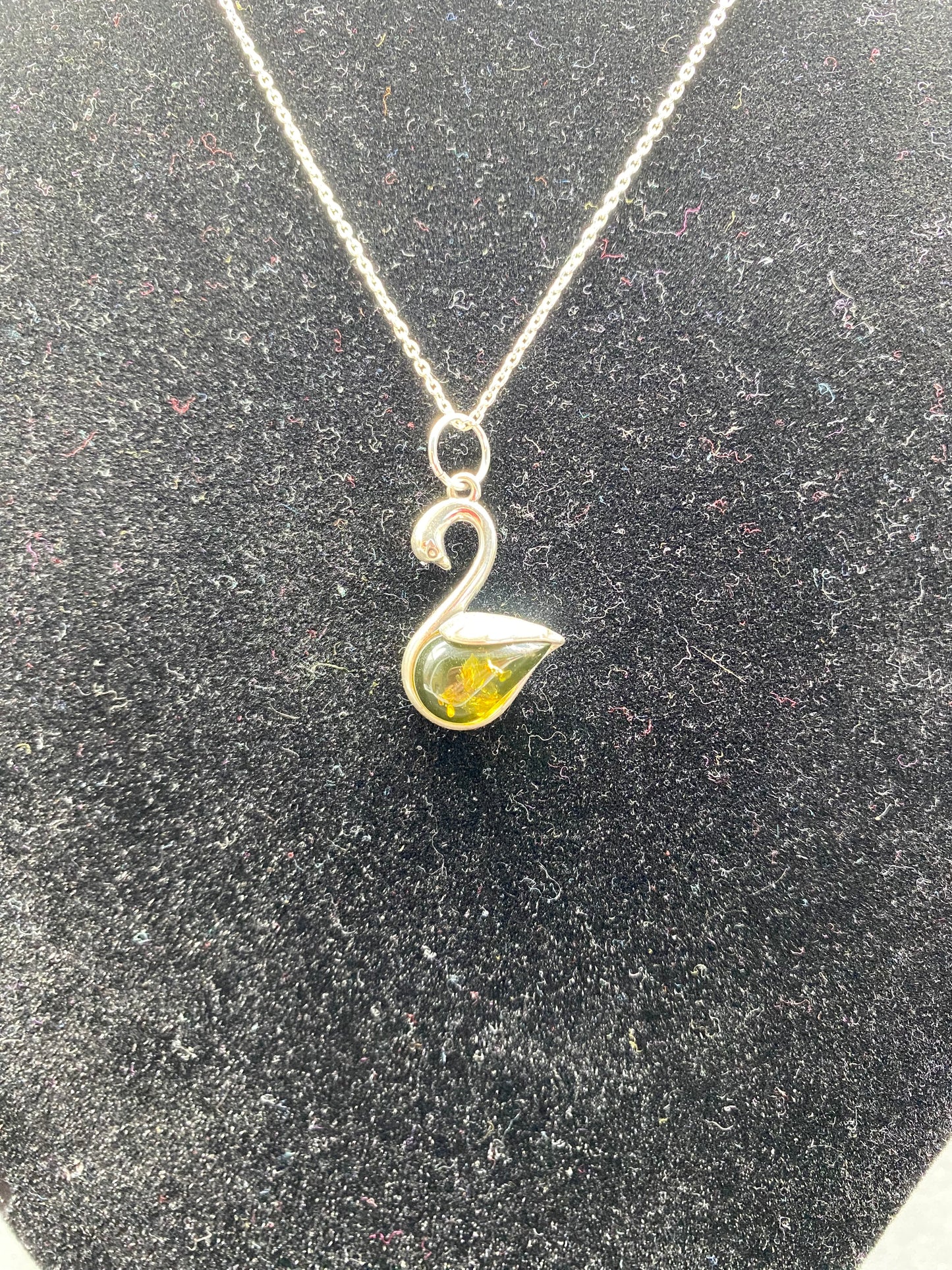 Green Baltic Amber Swan Sterling Silver Necklace