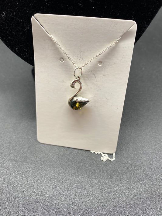 Green Baltic Amber Swan Sterling Silver Necklace