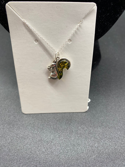 Green Baltic Amber Squirrel Sterling Silver Necklace