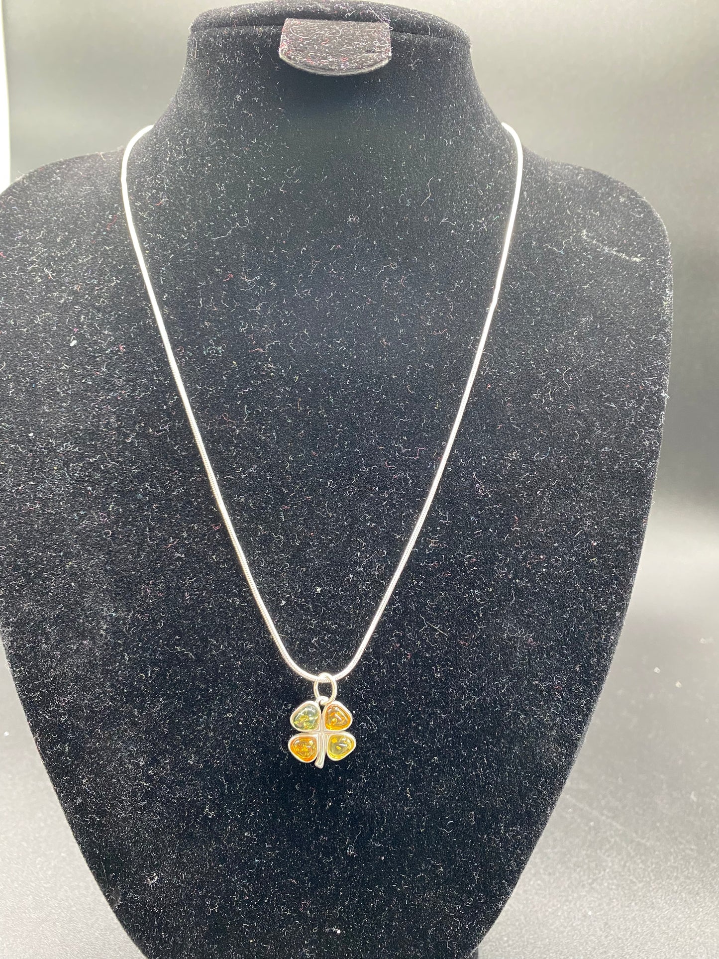 Multi Colour Baltic Amber Four Leaf Clover Sterling Silver Necklace