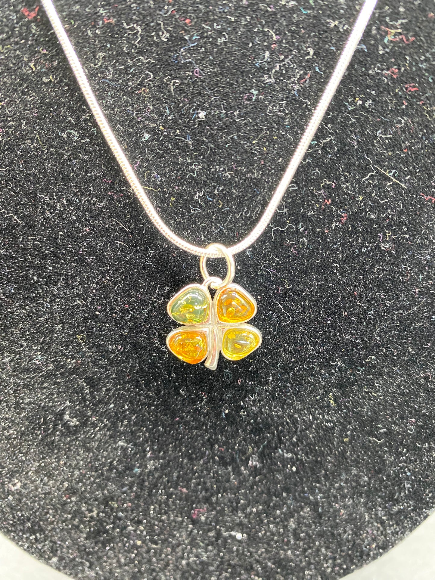 Multi Colour Baltic Amber Four Leaf Clover Sterling Silver Necklace