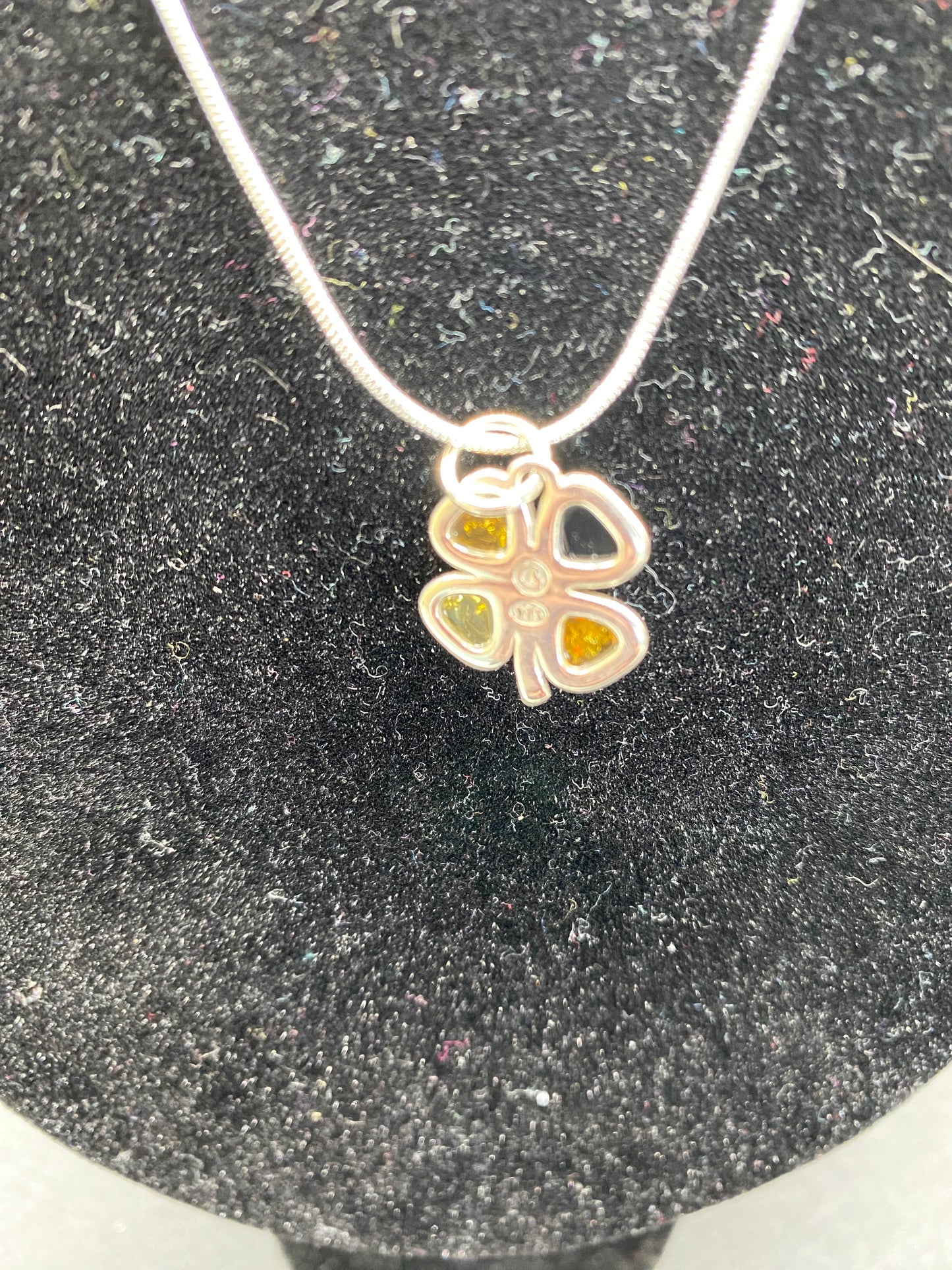 Multi Colour Baltic Amber Four Leaf Clover Sterling Silver Necklace