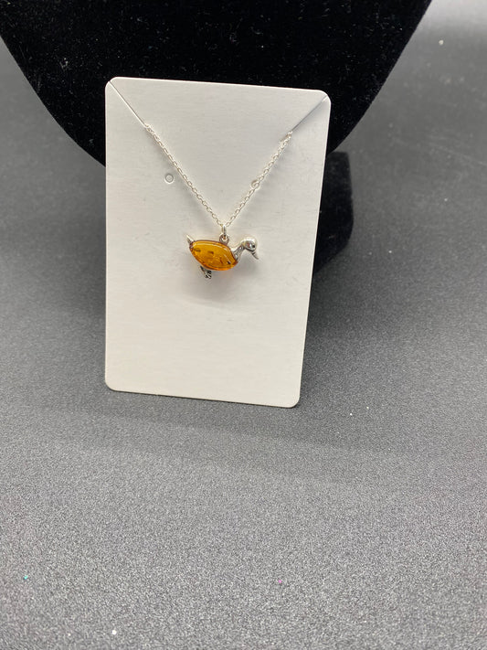 Cognac Baltic Amber Duck Sterling Silver Necklace