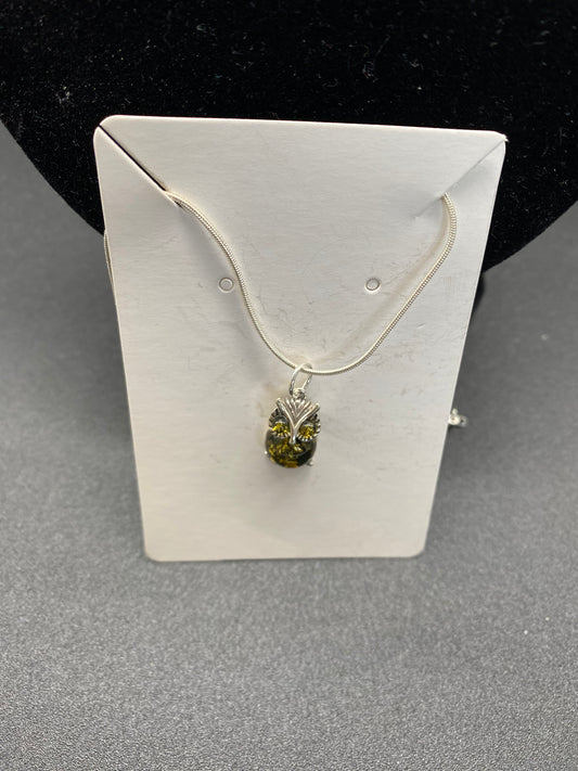 Green Baltic Amber Owl Sterling Silver Necklace