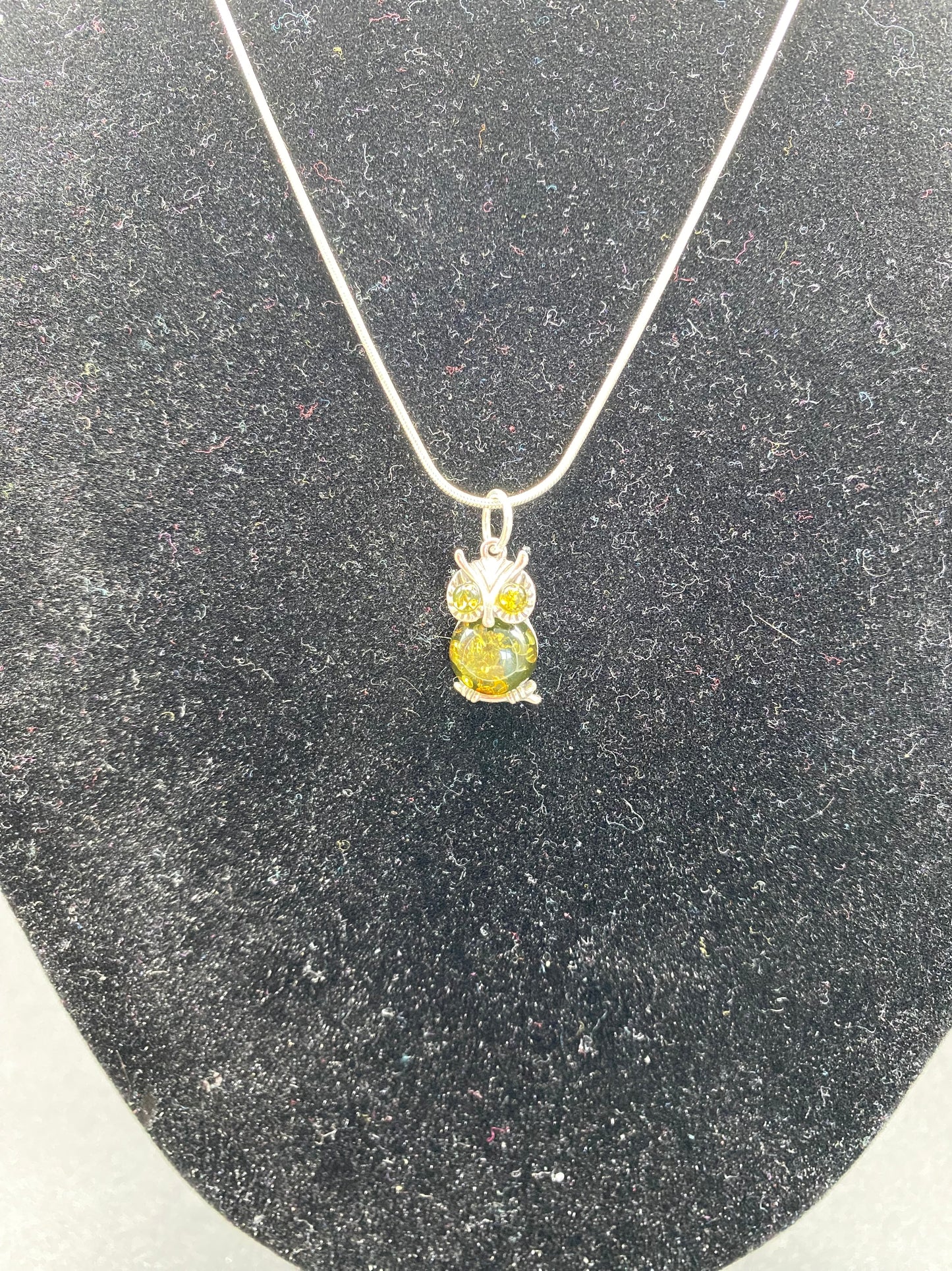 Green Baltic Amber Owl Sterling Silver Necklace