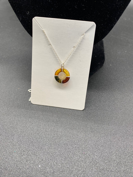 Multi Colour Baltic Amber Buoy Sterling Silver Necklace