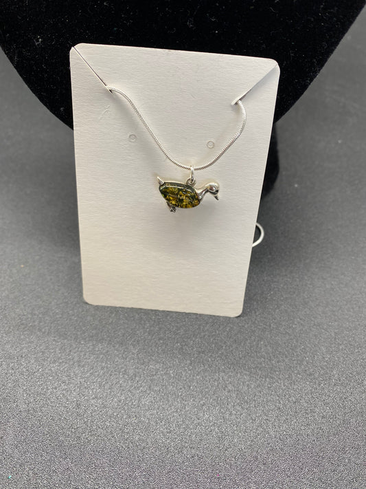 Green Baltic Amber Duck Sterling Silver Necklace