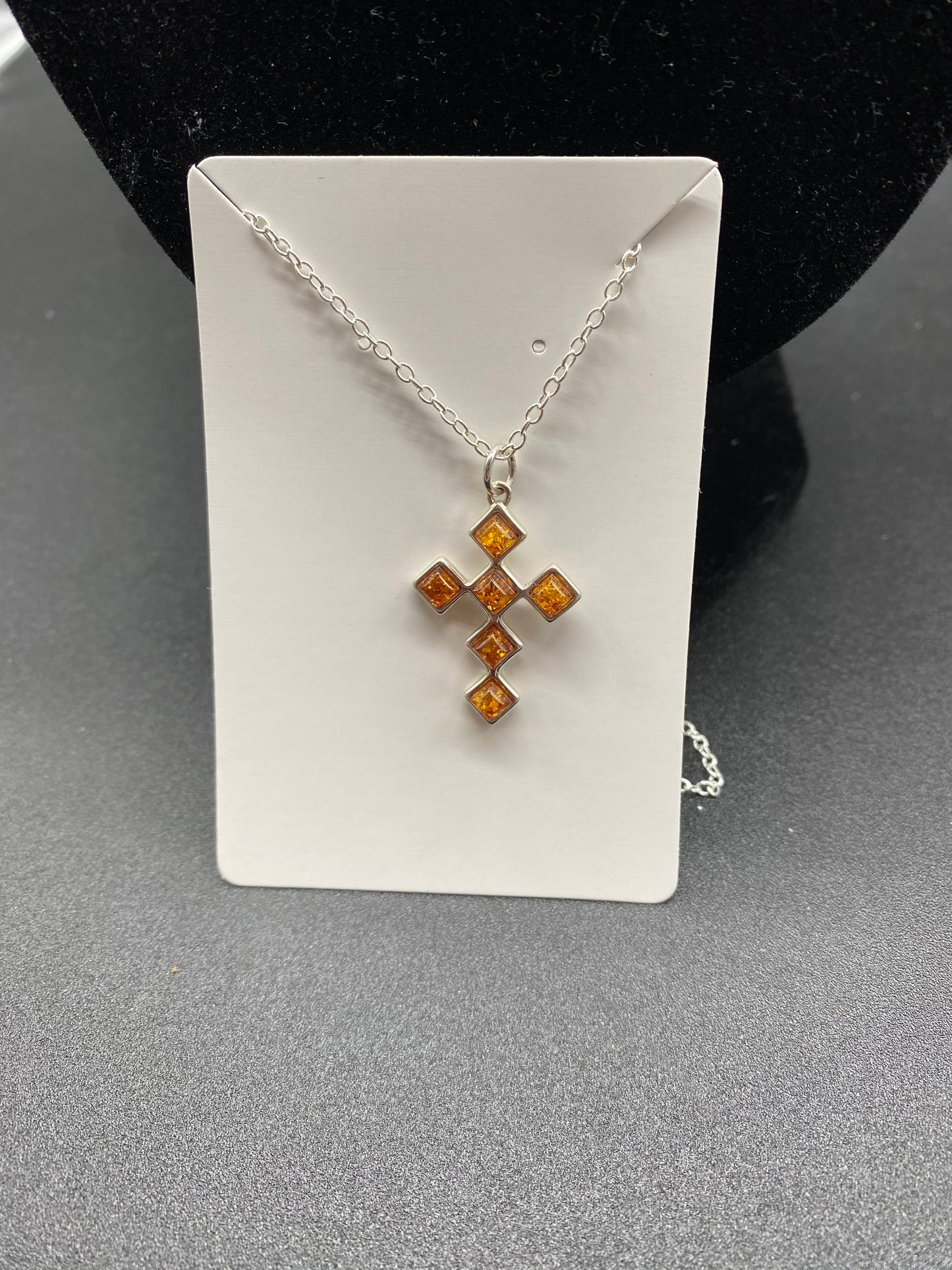 Cognac Baltic Amber Cross Sterling Silver Necklace