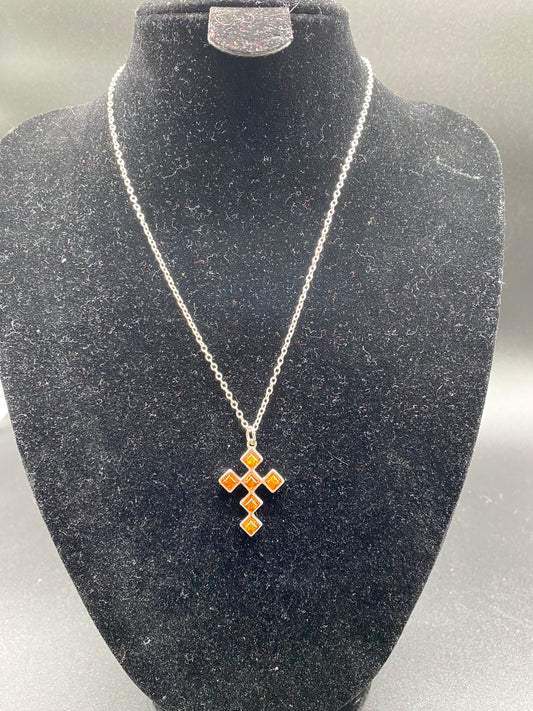 Cognac Baltic Amber Cross Sterling Silver Necklace