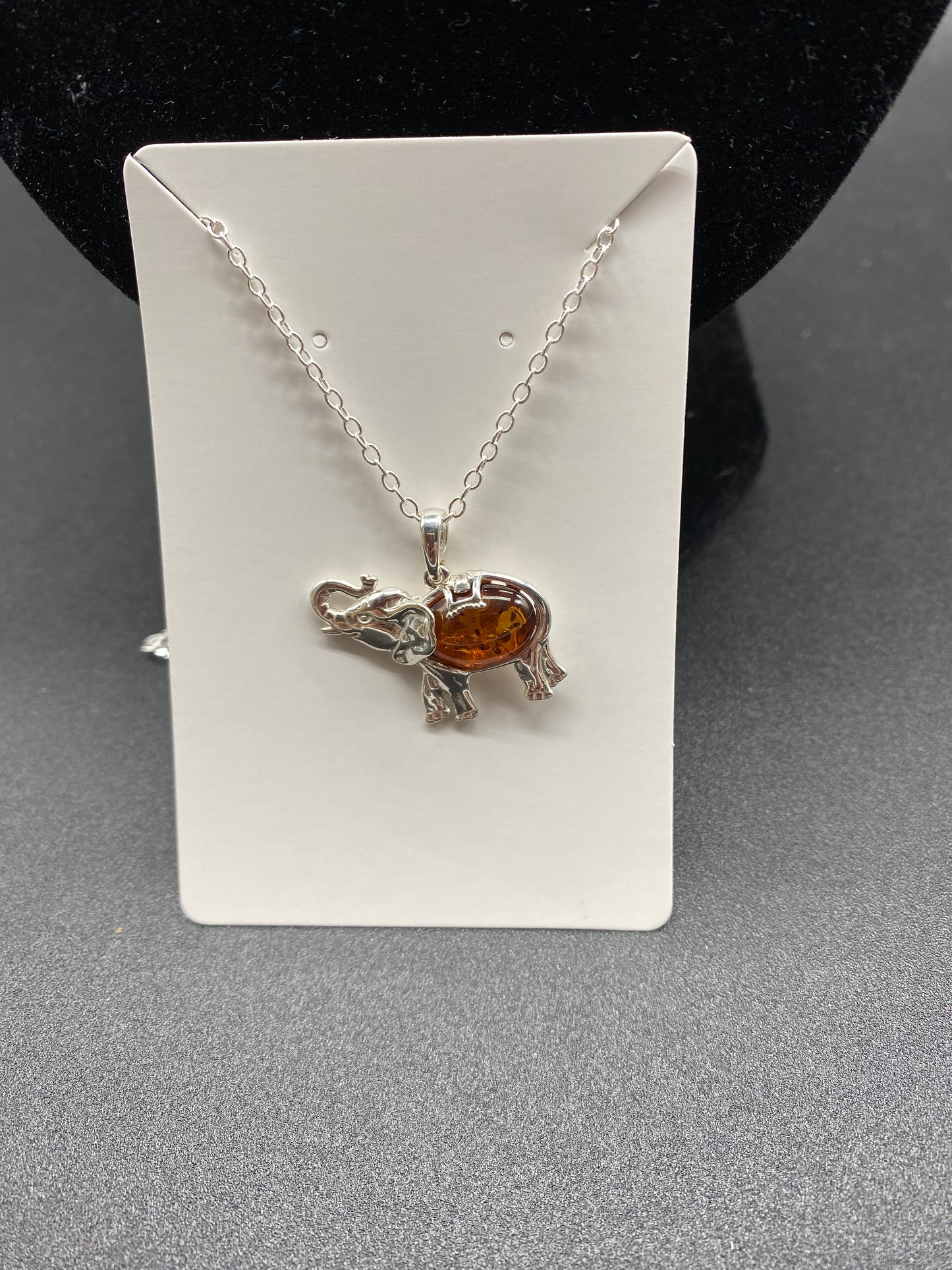 Cognac Baltic Amber Elephant Sterling Silver Necklace