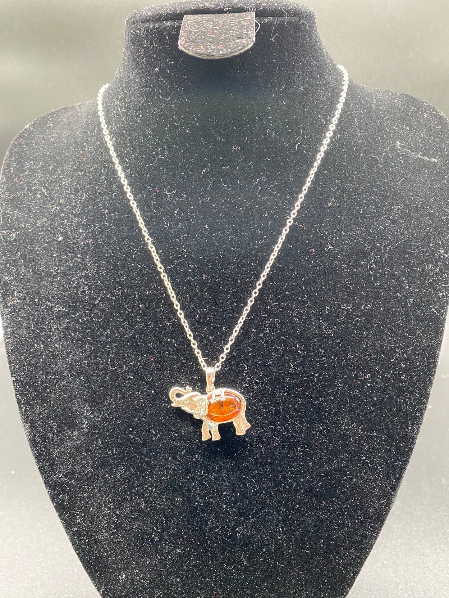 Cognac Baltic Amber Elephant Sterling Silver Necklace