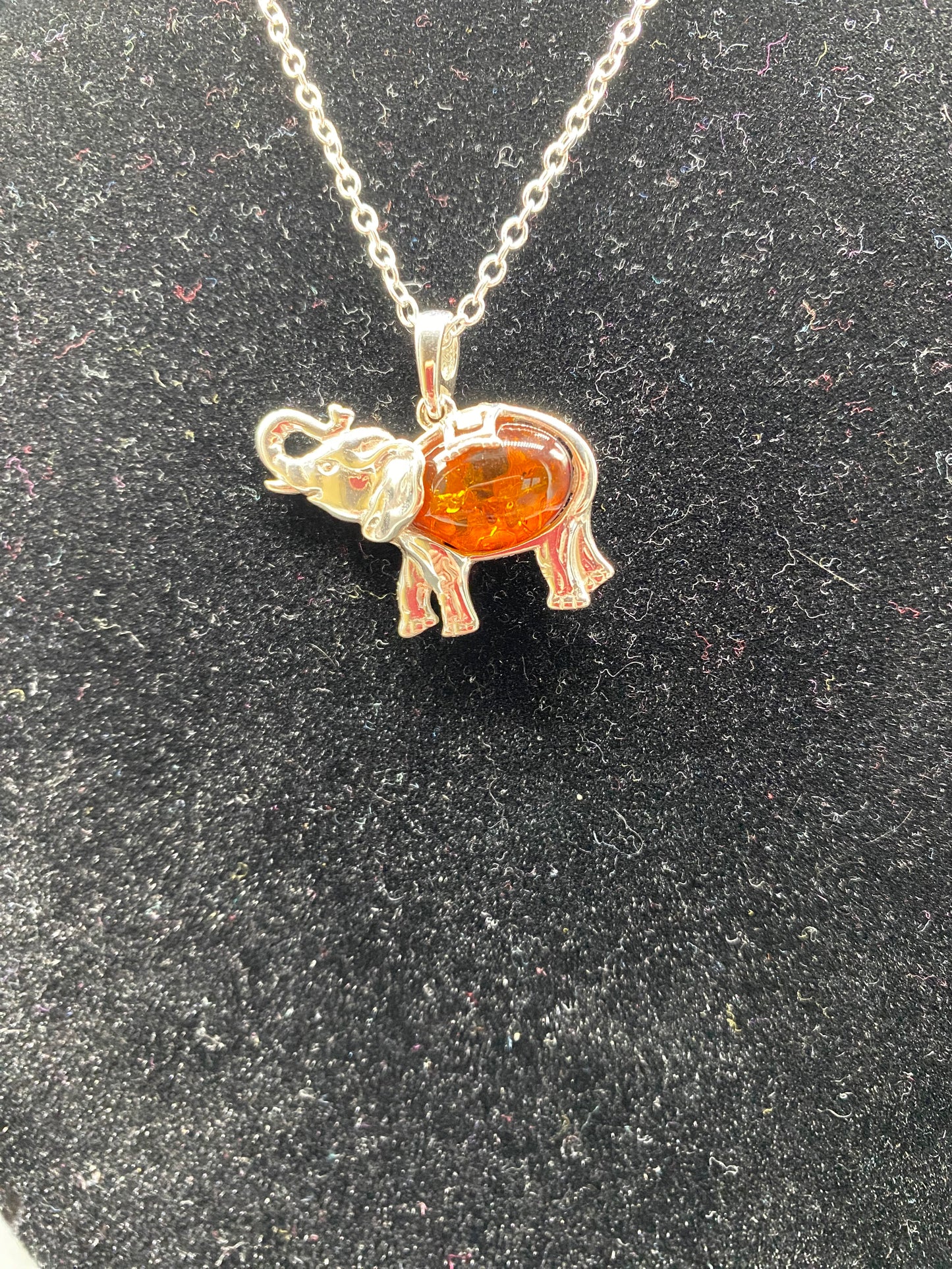 Cognac Baltic Amber Elephant Sterling Silver Necklace