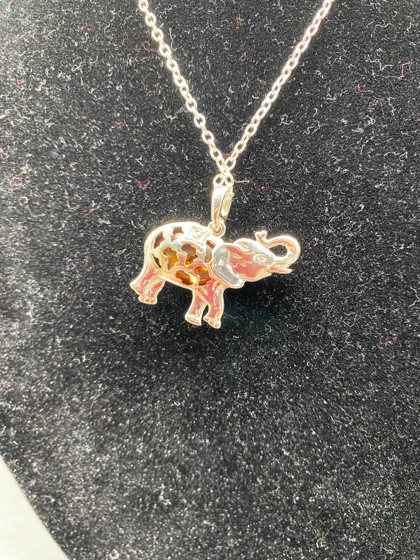 Cognac Baltic Amber Elephant Sterling Silver Necklace