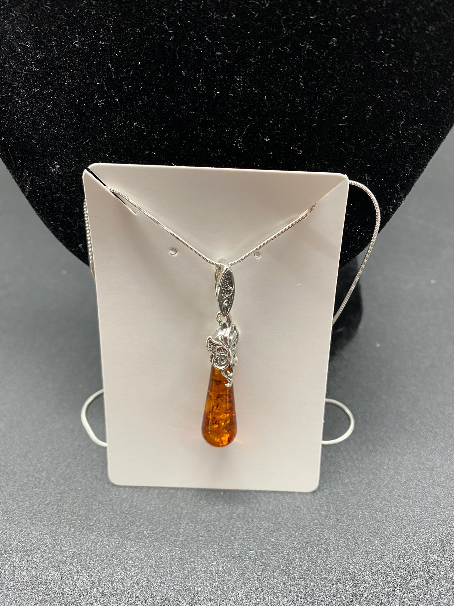 Cognac Amber Drop Sterling Silver Necklace