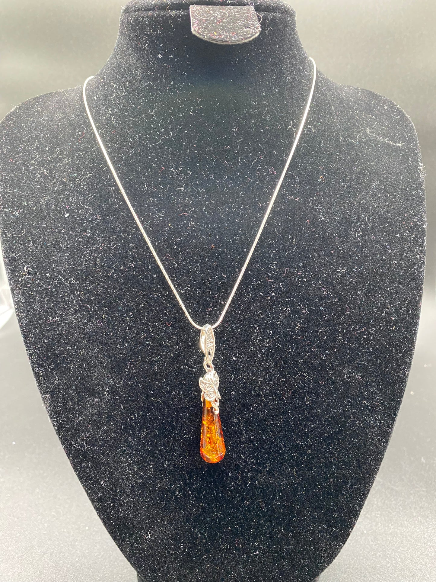 Cognac Amber Drop Sterling Silver Necklace