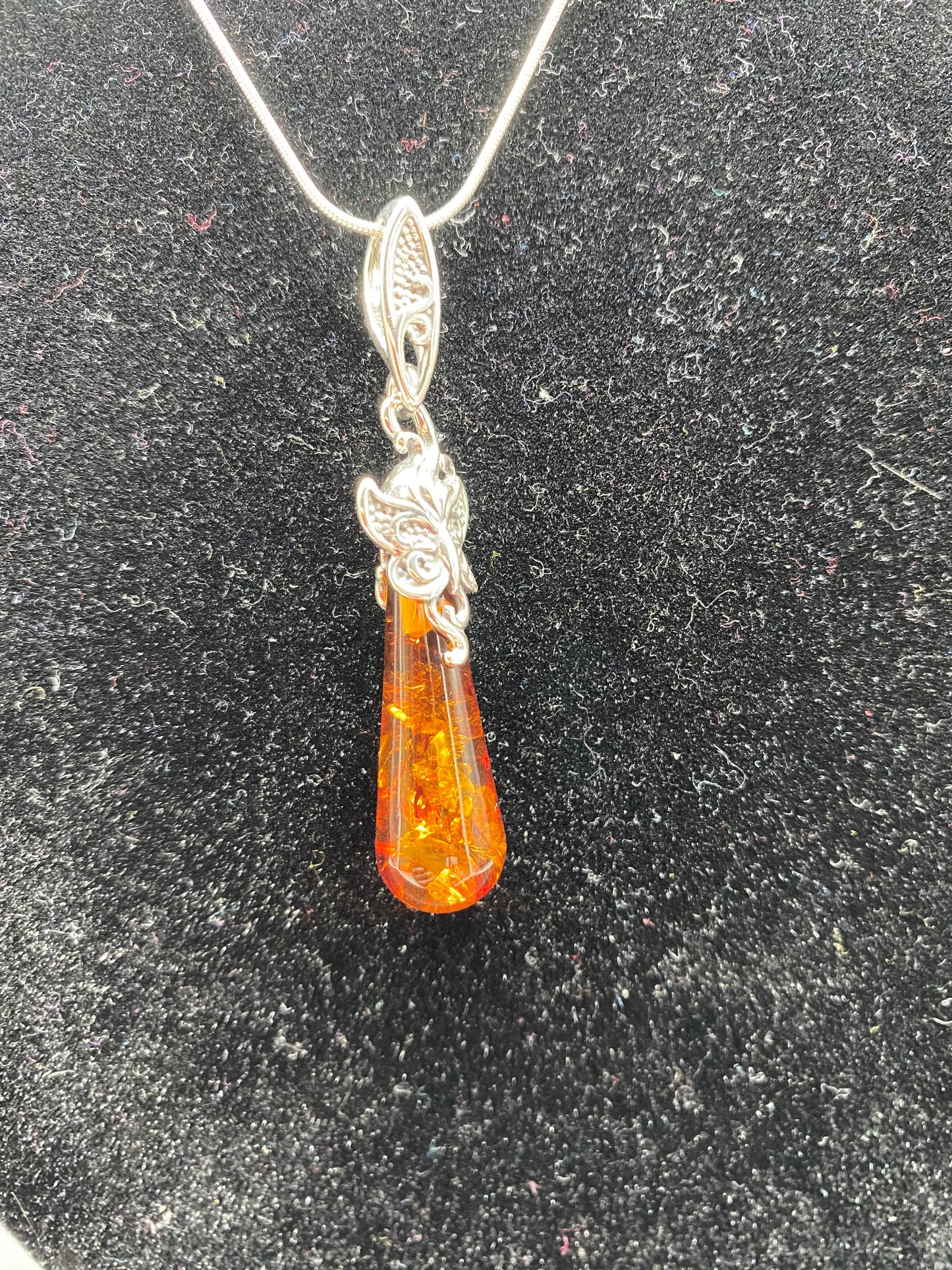 Cognac Amber Drop Sterling Silver Necklace