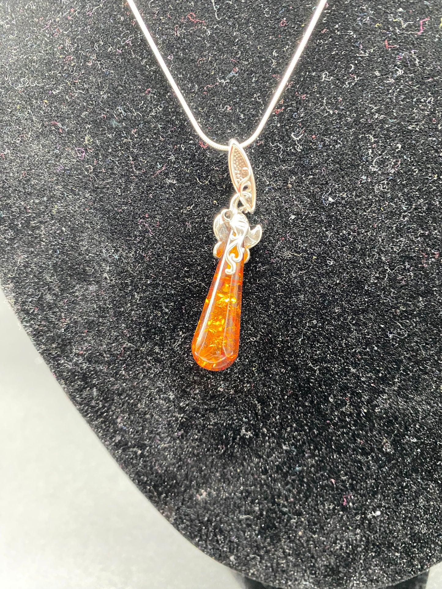 Cognac Amber Drop Sterling Silver Necklace