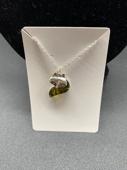 Green Baltic Amber Fox Sterling Silver Necklace