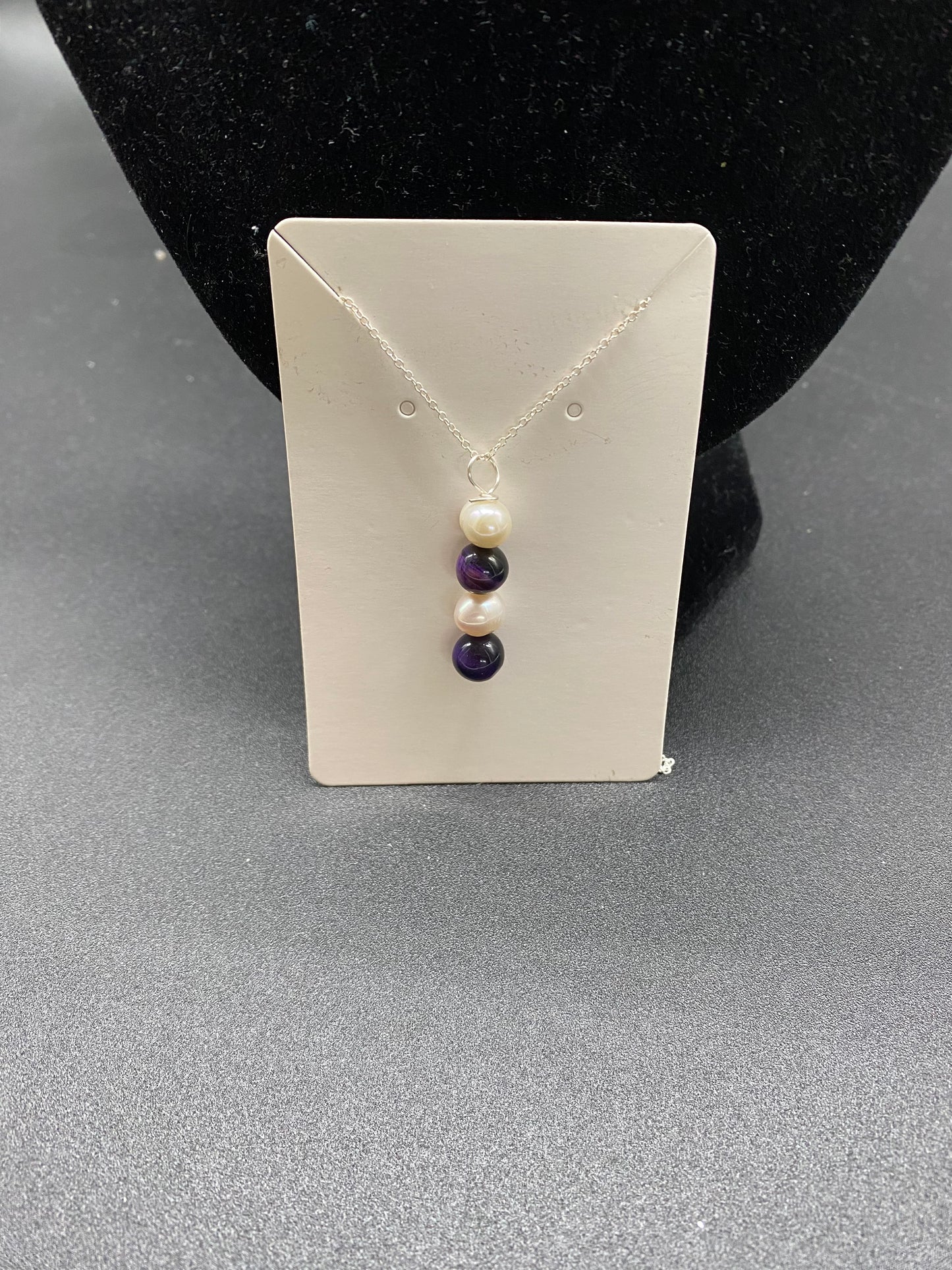 Cultured Pearl & Purple Tigers Eye Sterling Silver Necklace