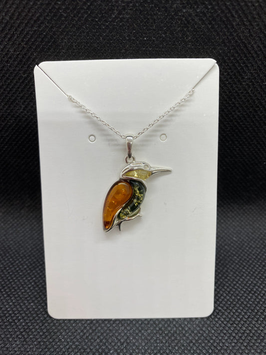 Multi Coloured Baltic Amber Kingfisher Sterling Silver Necklace